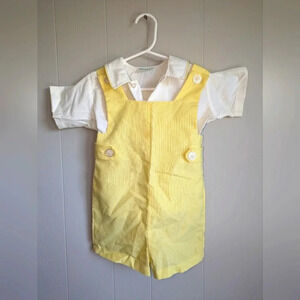 Vintage 70s‎ Baby Boy Yellow Seersucker Romper Set Peter Pan Collar 9–12M